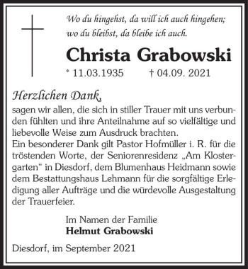 Traueranzeige von Christa Grabowski  von Magdeburger Volksstimme