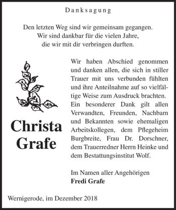 Traueranzeige von Christa Grafe  von Magdeburger Volksstimme