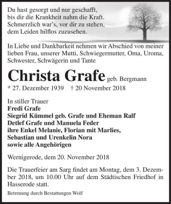 Traueranzeige von Christa Grafe (geb. Bergmann)  von Magdeburger Volksstimme
