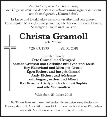 Traueranzeige von Christa Gramoll (geb. Markus)  von Magdeburger Volksstimme