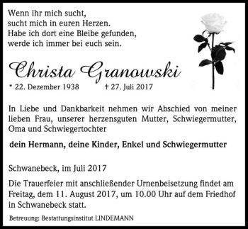 Traueranzeige von Christa Granowski  von Magdeburger Volksstimme