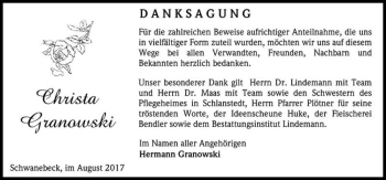 Traueranzeige von Christa Granowski  von Magdeburger Volksstimme