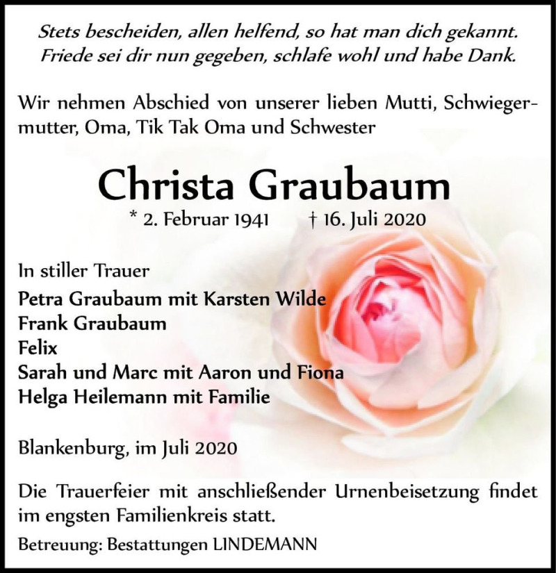  Traueranzeige für Christa Graubaum  vom 25.07.2020 aus Magdeburger Volksstimme