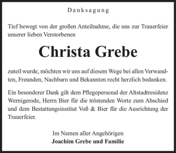 Traueranzeige von Christa Grebe  von Magdeburger Volksstimme