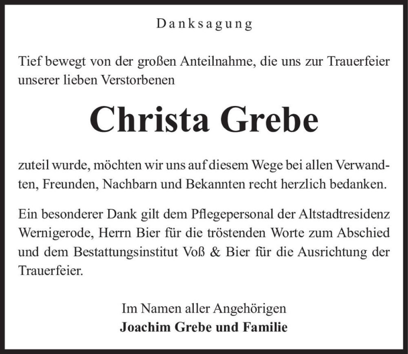  Traueranzeige für Christa Grebe  vom 30.10.2021 aus Magdeburger Volksstimme