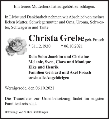 Traueranzeige von Christa Grebe (geb. Frosch)  von Magdeburger Volksstimme