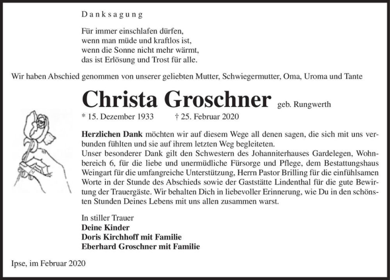  Traueranzeige für Christa Groschner (geb. Rungwerth)  vom 14.03.2020 aus Magdeburger Volksstimme