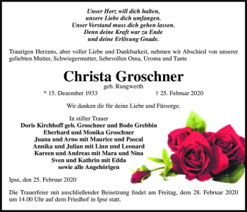 Traueranzeige von Christa Groschner (geb. Rungwerth)  von Magdeburger Volksstimme