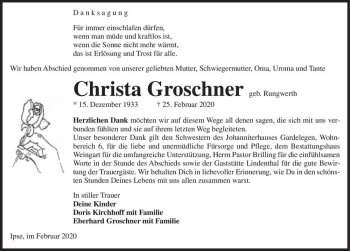 Traueranzeige von Christa Groschner (geb. Rungwerth)  von Magdeburger Volksstimme