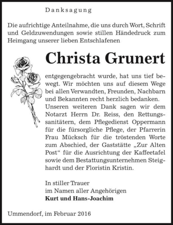 Traueranzeige von Christa Grunert  von Magdeburger Volksstimme