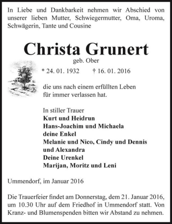 Traueranzeige von Christa Grunert (geb. Ober)  von Magdeburger Volksstimme