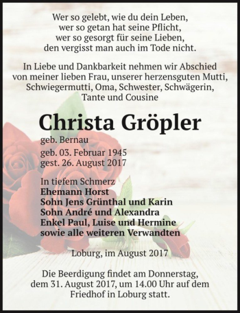 Traueranzeige von Christa Gröpler (geb. Bernau)  von Magdeburger Volksstimme