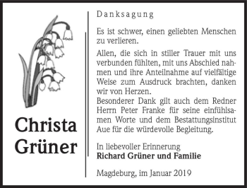 Traueranzeige von Christa Grüner  von Magdeburger Volksstimme