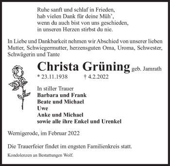 Traueranzeige von Christa Grüning (geb. Jamrath)  von Magdeburger Volksstimme
