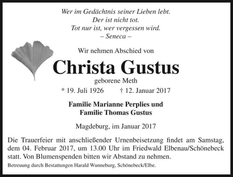  Traueranzeige für Christa Gustus (geb. Meth)  vom 28.01.2017 aus Magdeburger Volksstimme