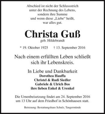 Traueranzeige von Christa Guß (geb. Hildebrandt)  von Magdeburger Volksstimme