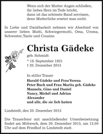Traueranzeige von Christa Gädeke (geb. Schmidt)  von Magdeburger Volksstimme