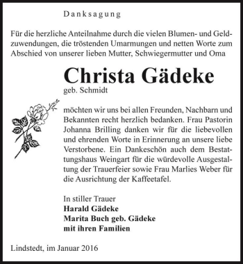 Traueranzeige von Christa Gädeke (geb. Schmidt)  von Magdeburger Volksstimme