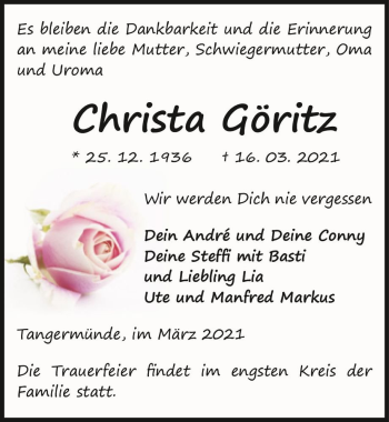 Traueranzeige von Christa Göritz  von Magdeburger Volksstimme