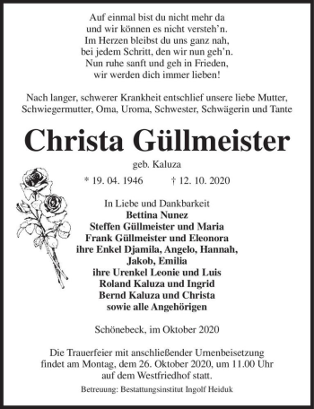 Traueranzeige von Christa Güllmeister (geb. Kaluza)  von Magdeburger Volksstimme