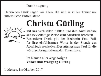 Traueranzeige von Christa Gütling  von Magdeburger Volksstimme