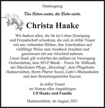 Traueranzeige von Christa Haake  von Magdeburger Volksstimme