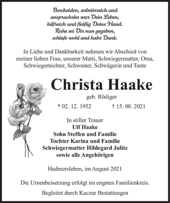 Traueranzeige von Christa Haake (geb. Rödiger)  von Magdeburger Volksstimme