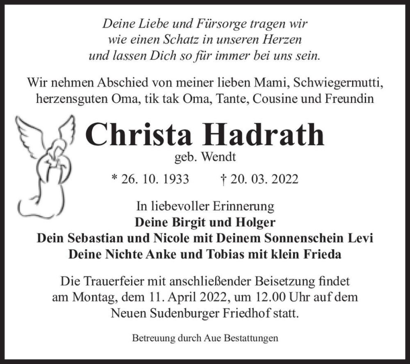  Traueranzeige für Christa Hadrath (geb. Wendt)  vom 02.04.2022 aus Magdeburger Volksstimme