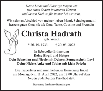 Traueranzeige von Christa Hadrath (geb. Wendt)  von Magdeburger Volksstimme