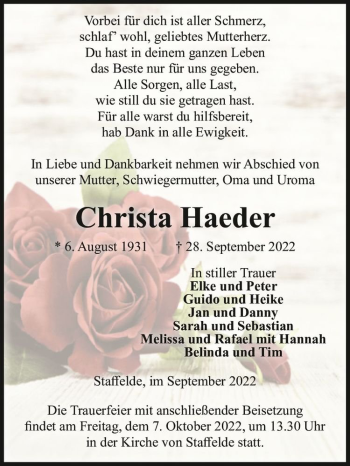 Traueranzeige von Christa Haeder  von Magdeburger Volksstimme