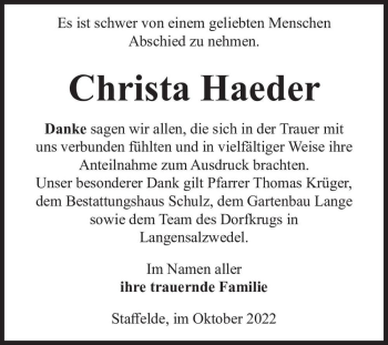 Traueranzeige von Christa Haeder  von Magdeburger Volksstimme