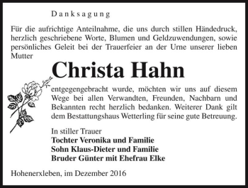 Traueranzeige von Christa Hahn  von Magdeburger Volksstimme
