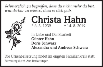Traueranzeige von Christa Hahn  von Magdeburger Volksstimme