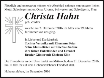 Traueranzeige von Christa Hahn (geb. Zeidler)  von Magdeburger Volksstimme