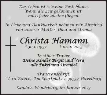 Traueranzeige von Christa Hamann  von Magdeburger Volksstimme