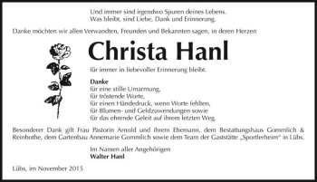 Traueranzeige von Christa Hanl  von Magdeburger Volksstimme