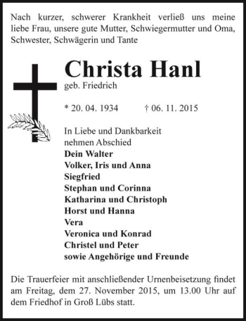Traueranzeige von Christa Hanl (geb. Friedrich)  von Magdeburger Volksstimme