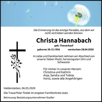 Traueranzeige von Christa Hannabach (geb. Theuerkauf)  von Magdeburger Volksstimme