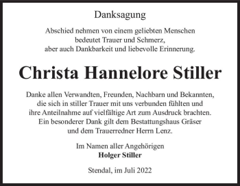 Traueranzeige von Christa Hannelore Stiller  von Magdeburger Volksstimme
