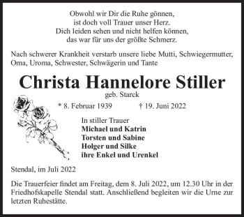 Traueranzeige von Christa Hannelore Stiller (geb. Starck)  von Magdeburger Volksstimme