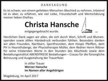 Traueranzeige von Christa Hansche  von Magdeburger Volksstimme