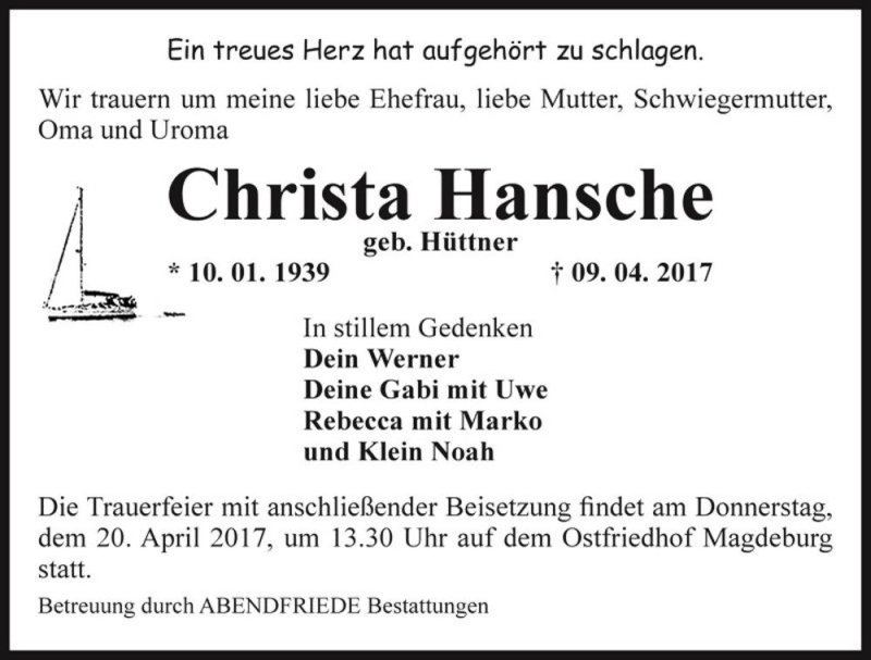  Traueranzeige für Christa Hansche (geb. Hüttner)  vom 15.04.2017 aus Magdeburger Volksstimme