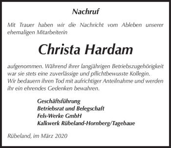 Traueranzeige von Christa Hardam  von Magdeburger Volksstimme