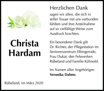Traueranzeige von Christa Hardam  von Magdeburger Volksstimme