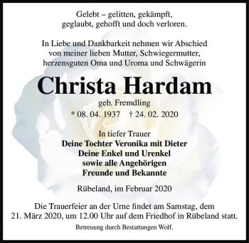 Traueranzeige von Christa Hardam (geb. Fremdling)  von Magdeburger Volksstimme
