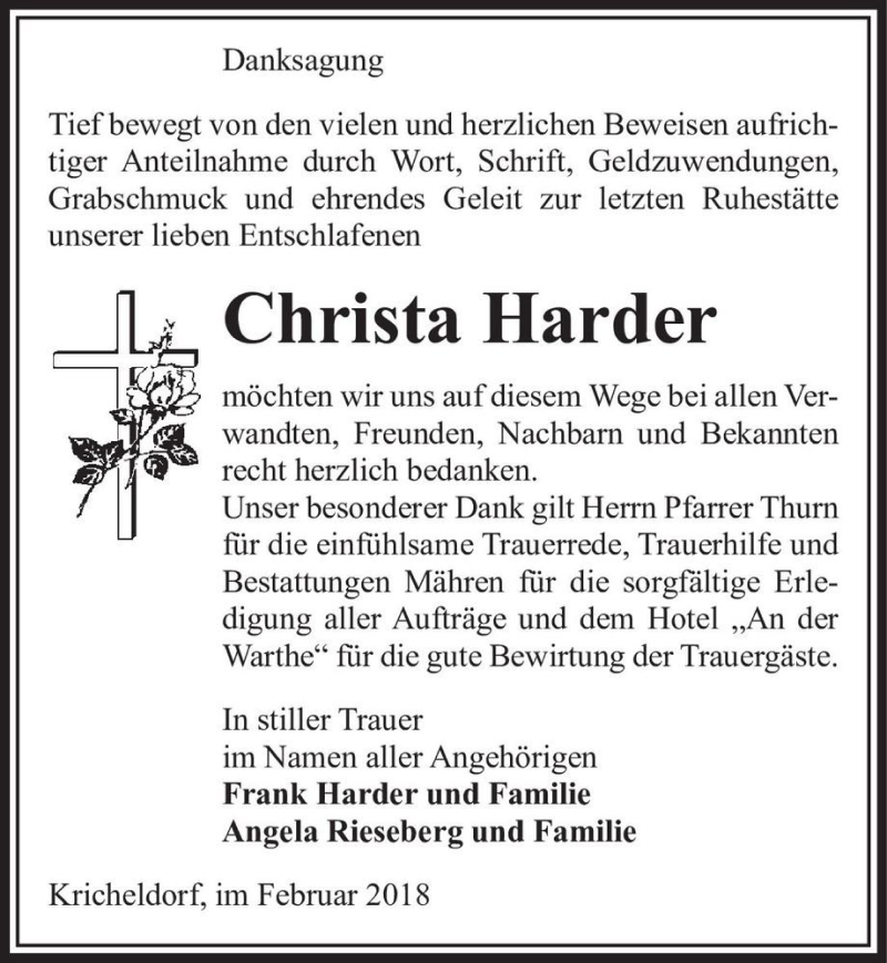  Traueranzeige für Christa Harder  vom 15.02.2018 aus Magdeburger Volksstimme