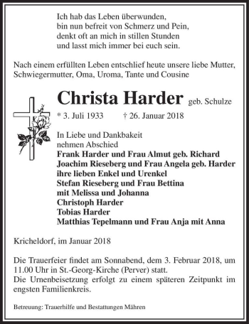 Traueranzeige von Christa Harder (geb. Schulze)  von Magdeburger Volksstimme