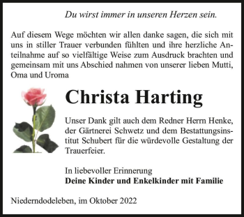 Traueranzeige von Christa Harting  von Magdeburger Volksstimme