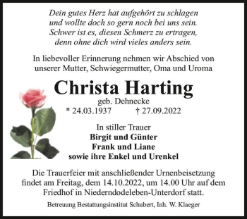 Traueranzeige von Christa Harting (geb. Dehnecke)  von Magdeburger Volksstimme