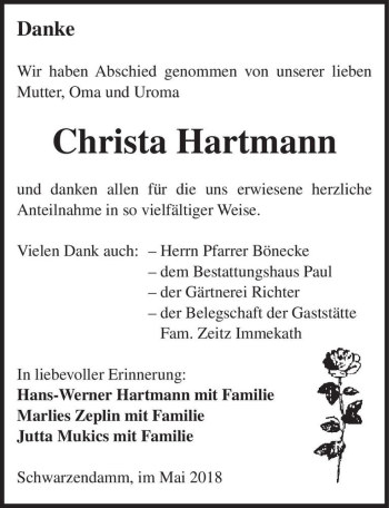 Traueranzeige von Christa Hartmann  von Magdeburger Volksstimme